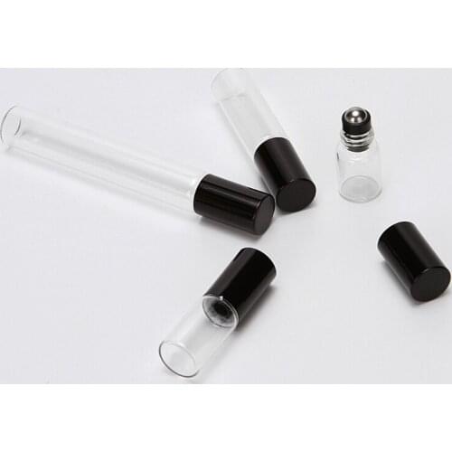 Wholesale 10ml Glass Steel Roller Perfume Bottle Transparent Clear Roller Bottle Empty Ball Perfume Bottle Black Cap