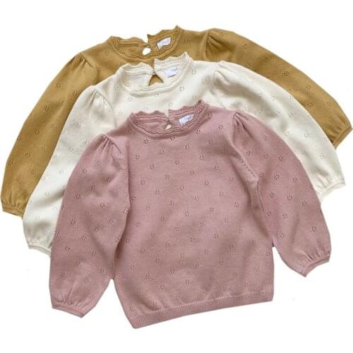 Autumn Winter Baby Girls Solid Color Bishop Sleeve Knitting Clothes Fashion Casual Knitting Pullover Tops Hollow Kids Sweaters