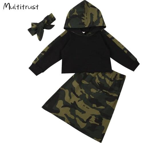2-6Y Toddler Girl Clothes 3 Pieces Kids Suit Set Camouflage/ Stripe Print Long Sleeve Hooded Top+ Skirt+ Headband 3pcs