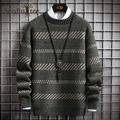 Striped Mens Korean Sweater Long Sleeve Round Neck Casual Pullover