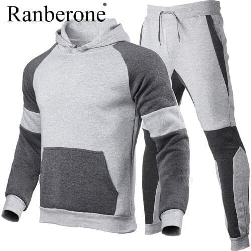 Ranberone Hot Mens Sportswear Large Size Matching Stitching Sweater Hooded Fitness Sport Pants Running Set Workout Outwear