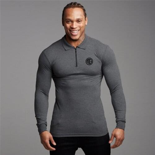 Muscle Guys Spring Fashion Long Sleeve Polo Shirts Men Gym Fitness Slim Fit Zipper Shirt Bodybuilding Stretch Cotton Poloshirt