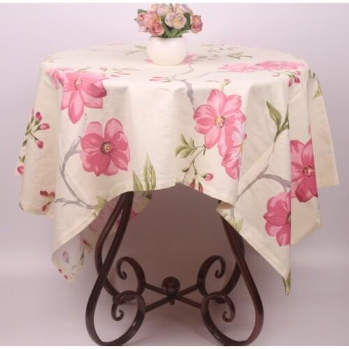 CURCYA Cotton Tablecloths for Round Tables Beige Table Cover with Pink Flowers Printed Pastoral Table Cloths for Home Decoration