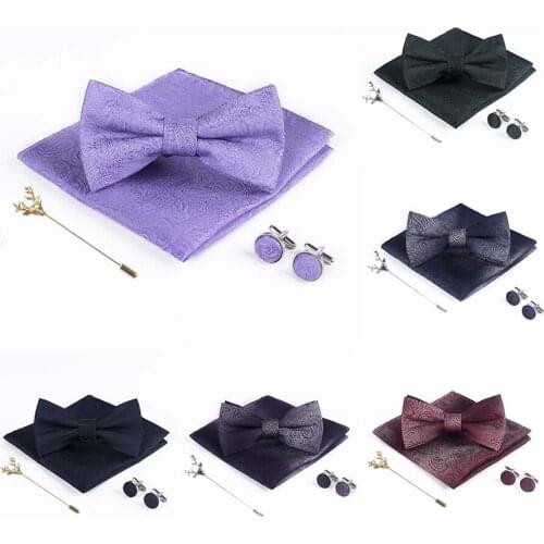Dreaming Purple Paisley Wedding Bowties for Men Neck Ties Gold Christmas Moose Brooch Cufflinks handkerchief Silk Bow Tie set