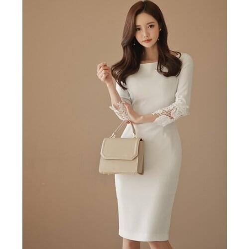 Thick Warm Autumn Winter New Elegant Formal Party Dress Lace Sleeve White Slim Sheath Dress Office Lady Work Spring