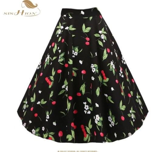 SISHION Women Skirt Cotton 50s Vintage Retro Swing Black Cherry Skirt VD0020 High Waist Floral Print Summer Skirt