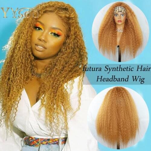 YYsoo Long Blonde Color Yaki Hair Futura Synthetic Wig With Headwrap Kinky Straighrt Headband Orange Wigs For Beauty Women Girls