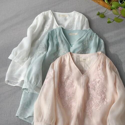 V-neck ramie embroidered double layer shirt womens spring new thin ramie 7-part sleeve Pullover blouse womens top 0407