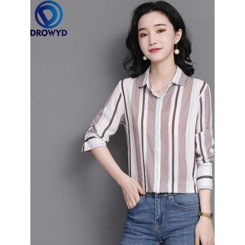 Stripe Blouse Shirt Womens Tops 2021 Spring Korean Chiffon Blouses Vintage Casual Loose Long Sleeve Lady Shirts Blusas De Mujer