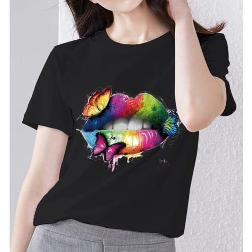 Women Tops XXS-3XL TShirt Summer NewSexy Lips Pattern Series Short Sleeve Dropshipping Tops Black All-match Printed Tees Shirt
