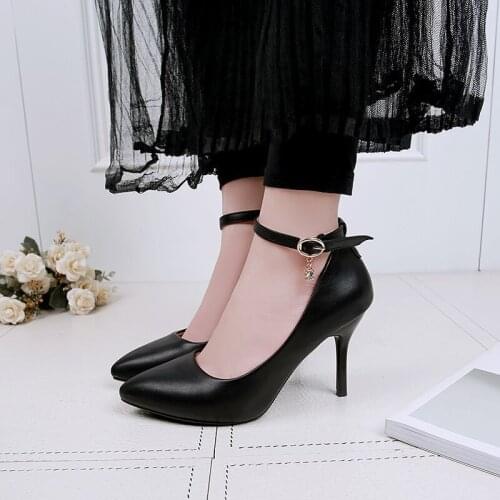 2021 New Soft Leather High Heels Black Matte Comfort Ankle Strap Pumps Ol Office Lady Shoes Woman Dress Shoes