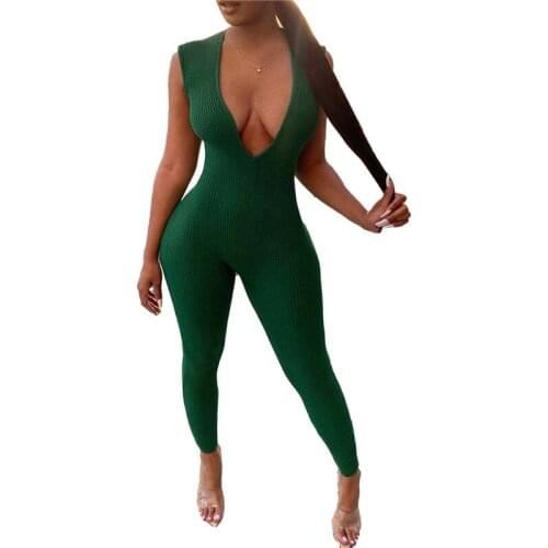 Womens Jumpsuit, Sleeveless V-neck Ribbed Solid Color One Piece Garment for Female