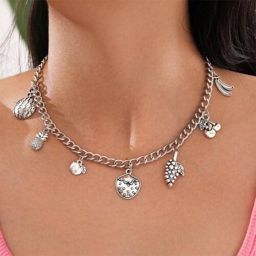 1 Pcs Women Fruit Necklaces Fashion Geometric Pineapple Strawberry Apple Pendant Chain Silver Color Necklace Retro Jewelry