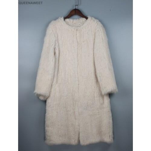Knitted knit 100% real rabbit fur coat overcoat jacket Russian womens winter thick warm genuine fur coat