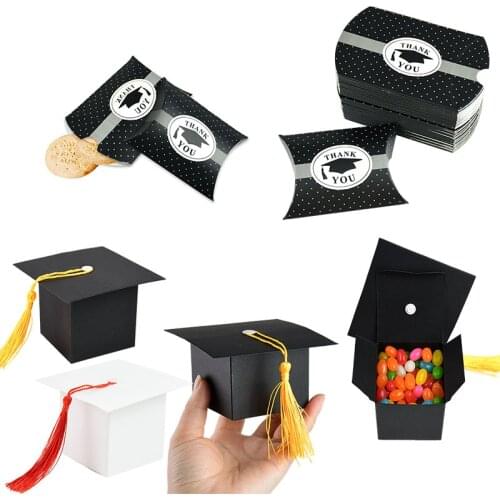 10pcs Doctor Hat Cap Candy Box Thank You Black Graduation Bachelor Cap Gift Box Pillow Candy Box Favors Party Decor Supplies