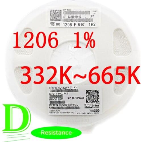 100PCS SMD Resistor RC Series 1206 1% Origina RC1206FR-07 Series 332K-665K All resistors 360K 390K 430K 470K 510K 560K 620K