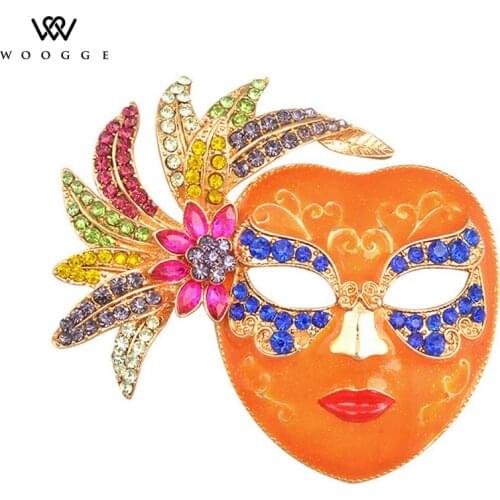 2018 Fashion Jewelry Enamel Pins Metal Mask Crystal Rhinestone Brooch Bijoux Hijab Pins Wedding Large Orange Brooches For Women