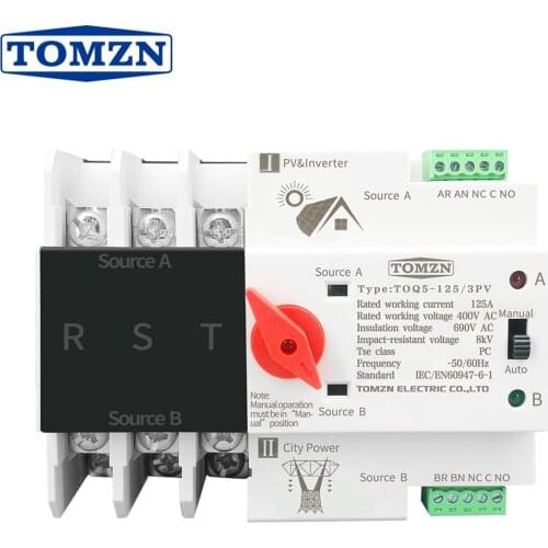 3P 3 Phase Din Rail ATS for PV and inverter Dual Power Automatic Transfer Selector Switches Uninterrupted 63A 100A 125A