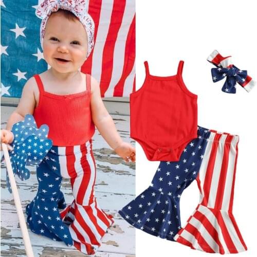 3Pcs Baby Independence Day Outfit Solid Color Spaghetti Straps Romper Star Stripe Flare Trousers Headwear Girls Babys Sets