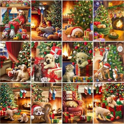 AZQSD Diamond Painting Dog Christmas Cross Stitch Kits Rhinestones Diamond Art Embroidery Animal Mosaic Handmade Home Decor Gift