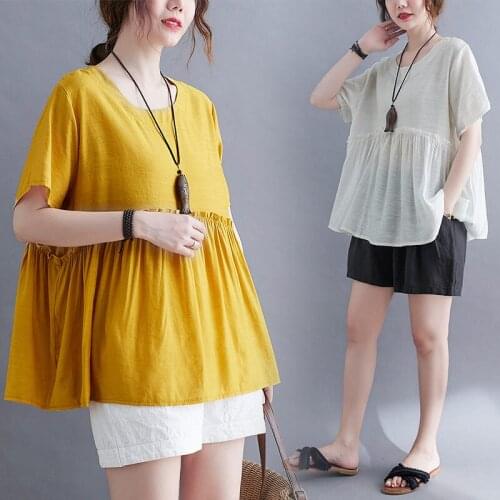 Plus Size Women Cotton Linen Blouse Solid O Neck Short Sleeve 2021 New Autumn Feminina Blusas Summer Loose Shirt aq485