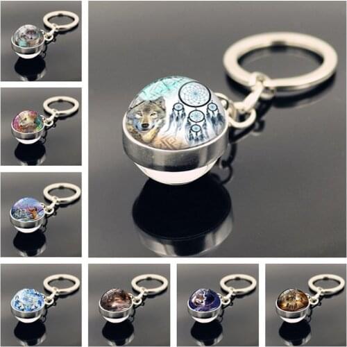 Dreamcatcher Wolf Keychain Charms Jewelry with Silver Color Double Side Glass Ball Keychain Metal Car Ring Holder Gift