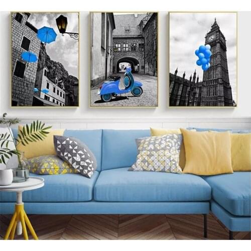 Nordic Canvas Painting Wall Art Black Blue Balloon Motorcycle Umbrella European City Landscape Poster Home Decor for Living Room