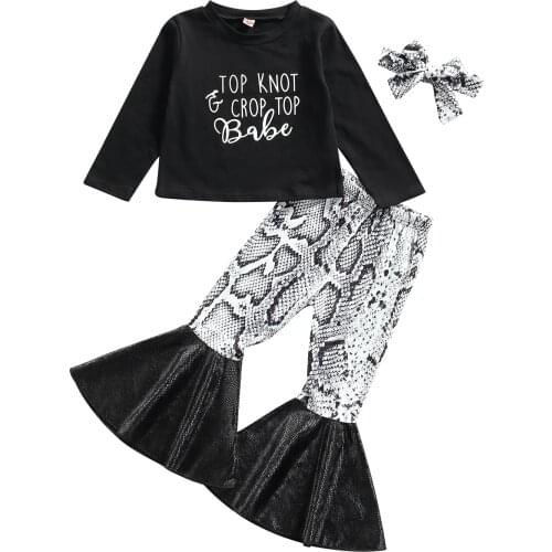 FOCUSNORM 3pcs 1-6Y Fashion Kids Girls Clothes Sets Letter Long Sleeve T Shirts Snakeskin Flare Pants Headband