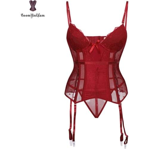 Removable Straps Lingerie Womens Amour Accent Lightly Padded Underwired Basque Corset Bustier With Suspenders