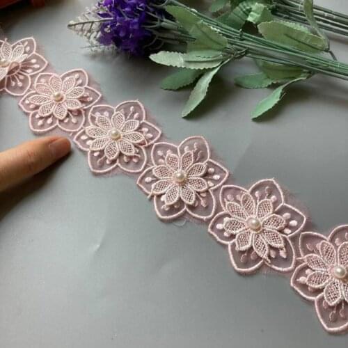 2 Yard Pink Pearl Lace Double Flower Embroidered Trim Ribbon Patchwork DIY Handmade Dress Wedding Sewing Supplies Craft 5.5 cm