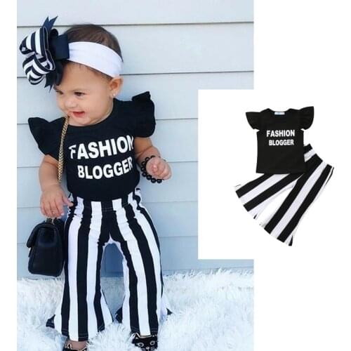 Summer Toddler Baby Girls Clothes Casual Short Petal Sleeve Striped Letter Printed Tops Flare Pants Outfits Childrens Clothing