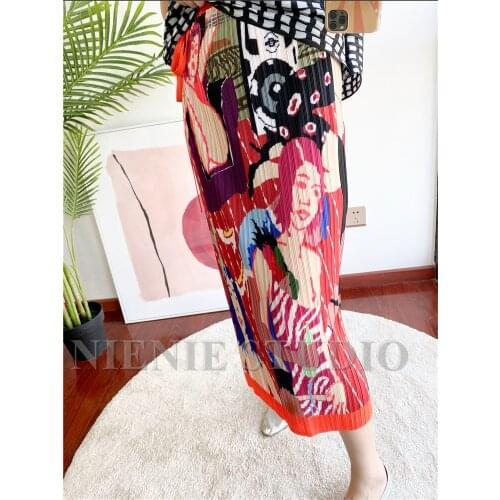 Miyake Pleated Summer Beach Style Character Abstract Art Sashes Skirt Straight Plus Size Aesthetic Clothes