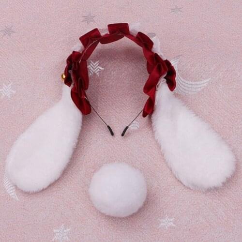 Lolita Bunny Ears Headband with Fluffy Tail Set Lace Rabbit Cosplay Hair Hoop 6XDA