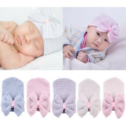 Cute Newborn Baby Infant Girl Comfy Bowknot Hospital Cap Warm Beanie Hat Big Bow Knit Sleeve Child Hat Autumn Cute Tire Cap