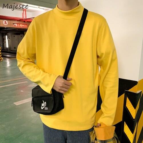 Men Long Sleeve T-shirts Turtleneck 4 Colors Baggy Male Tops Japanese Style Ins Chic Casual Simple Harajuku Handsome Fashion Tee