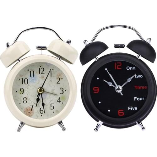 Mechanical Alarm Clock Retro Desktop Clock Round Metal Double Bell Table Clock Light Design Alarms Black White