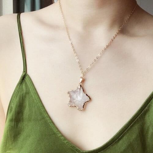 Natural White Crystal Star Hand Knocking Original Stone Pentagram Cube Moon Crescent White Quartz Pendant Necklaces 1pcs