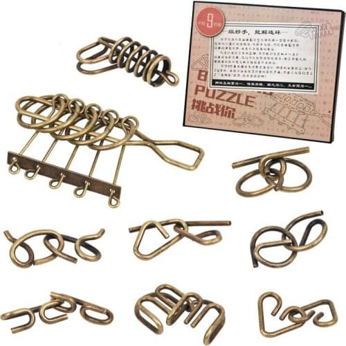 2017 New 9PCS per Set IQ Metal Wire Puzzle Traditional Magic Brain Teaser Steel Puzzles Game for Children Adults