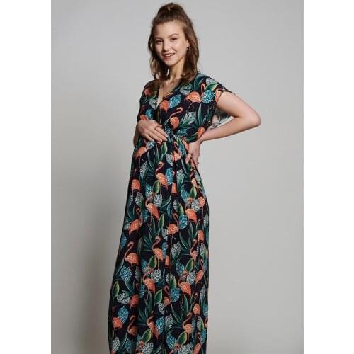 2021 New Season Maternity Dresses Clothes Multi Color Pregnant Double Breasted Flamingo Print Long Dress For Pregnant Women