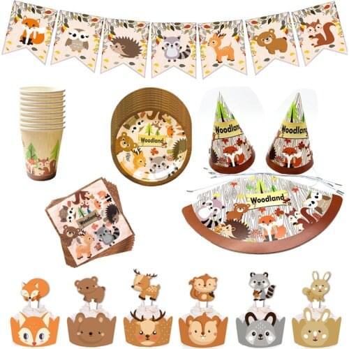 Forest Animal Series Woodland Zoo Forest Fox Lion Elephant plate cup napkin Birthday Party Disposable Cake Decoration Supplies