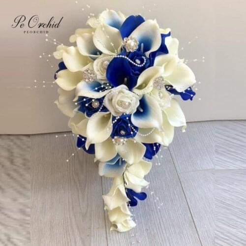 PEORCHID Bride Blue Ivory Calla Lily Teardrop Brooch Bouquet Artificial Flower Real Touch Roses Pearls Waterfall Wedding Bouquet