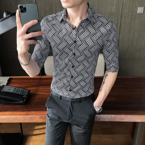 Retro Autumn British Style Luxury Social Business Casual Men Printed Slim Half-sleeve Lace Shirts Party Shirts Male Dress Shirt