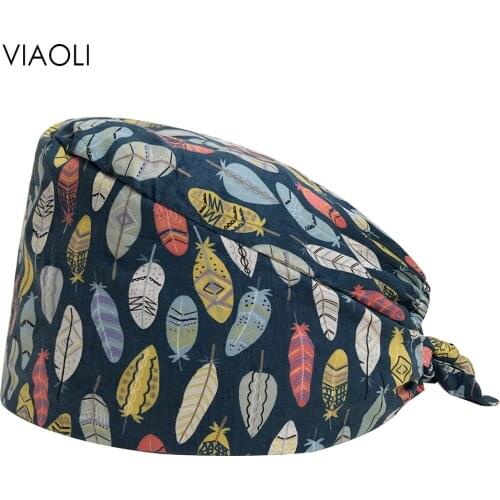 Viaoli Unisex cotton Leaves cartoon print hats adjustable women scrubs hat beauty salon working cap lab coat pet shop Scrub Cap