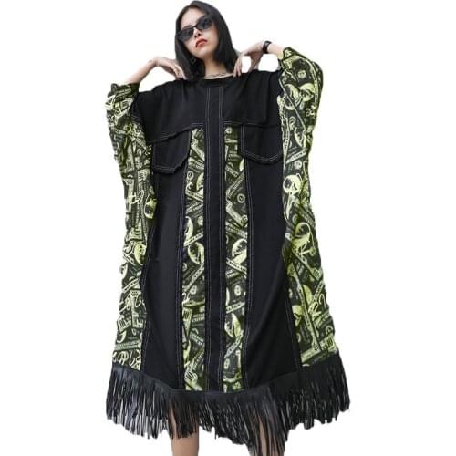 Womens 2020 New Spring Autumn Plus Size Fashion Western Style Sitching Fringed Bat Sleeve Dress For Women Dresses M868