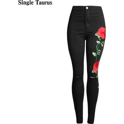 Female Embroidery Jeans Black Slim High Waist Skinny Flowers Print Denim Pants Knee Hole Fahsion Pencil Pants Jeans for Women