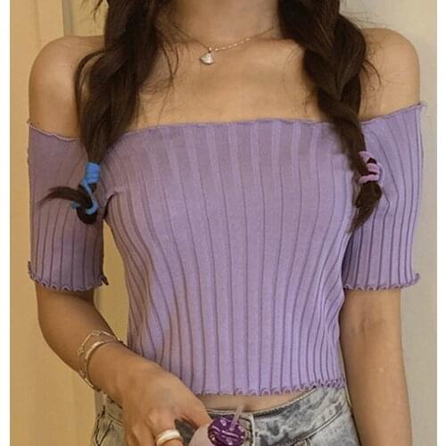 Women T-shirts Off Shoulder Knitting Crop Tops Short Sleeve Stretchy Ruffles Hem Tee Shirts Women Summer Solid Color Crop Tees