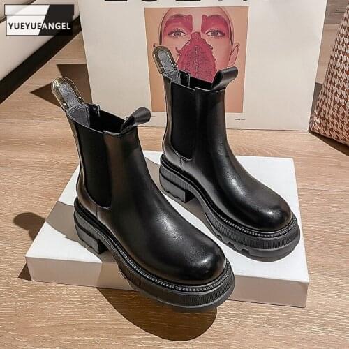 Fashion Women High Quality Leather Slip On Chelsea Boots Thick Platform Round Toe Ankle Boots Ladies Moto Biker High Top Shoes