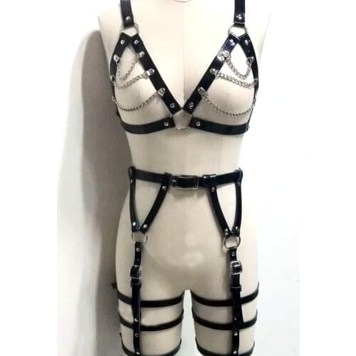 100% Handmade Women Girl Sexy Leather Bell Choker Collar Cosplay Bra Top with Chains Bondage Belt Waist Thigh Harness Straps