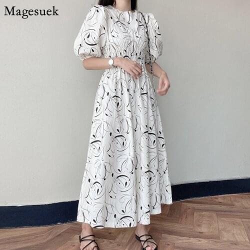 Korean Stylish Printed Dress Women Puff Sleeve Elastic Waist Long Dress Female Plus Size Elegant Casual Dresses Robes New 15430