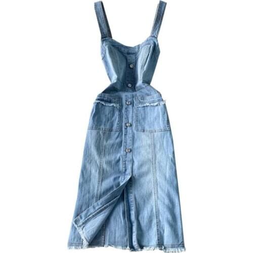 Fashion Summer Tassel Denim Dress Women 2021 Summer Slim High Waist Single-breasted Split Casual Dress